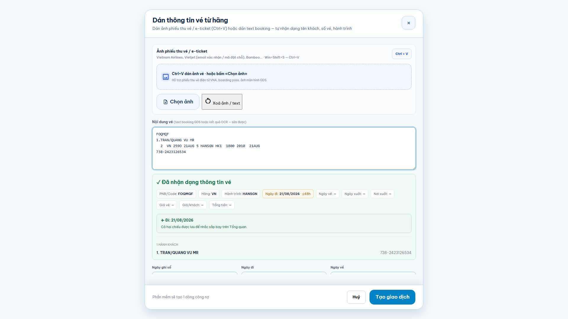 Dán booking vé máy bay: congno.com nhận PNR FOQMQF, hành khách, hãng VN, chặng HAN-SGN