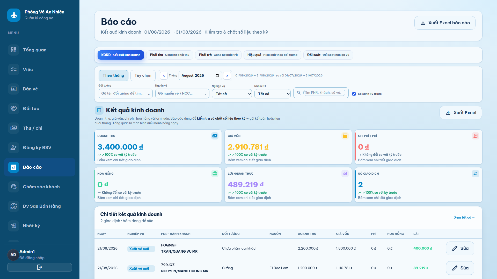 Báo cáo kết quả kinh doanh phòng vé: doanh thu, giá vốn, lợi nhuận, xuất Excel